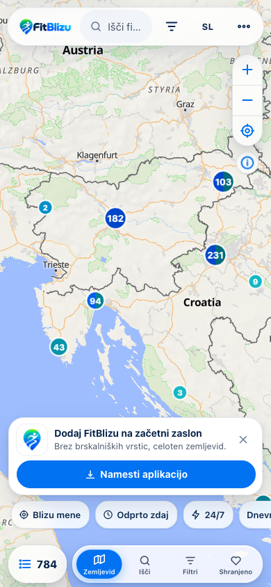 Zemljevid fitnesov v Sloveniji in na Hrvaškem